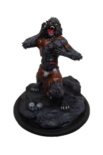 3D фигура на върколак в момент на трансформация – реалистични детайли, текстура на козината и мощна поза.