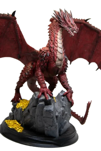 3D фигура на червен дракон с разперени крила, кацнал върху скала, заобиколен от съкровища.