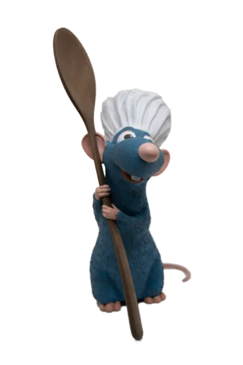 3D фигура: Реми от „Рататуй“, държащ голяма дървена лъжица, с готварска шапка на главата. Фигурката е с детайлно боядисване и изразителен поглед.
