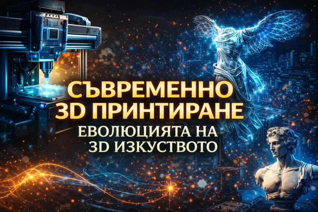 Съвременно 3D принтиране в изкуството - 3D принтер създава дигитална скулптура, вдъхновена от класическото изкуство, с контраст между антична статуя и футуристична 3D технология.