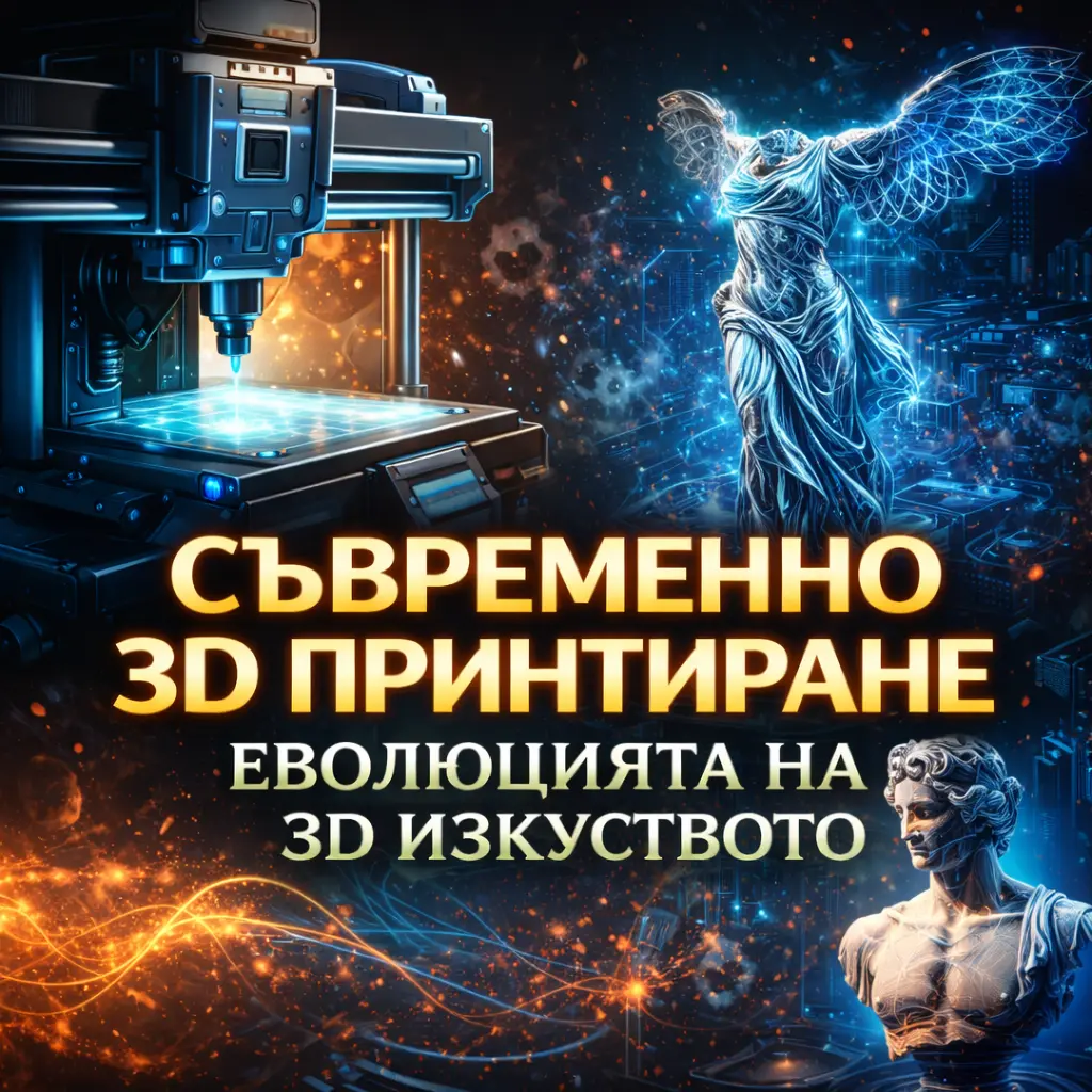 Съвременно 3D принтиране в изкуството - 3D принтер създава дигитална скулптура, вдъхновена от класическото изкуство, с контраст между антична статуя и футуристична 3D технология.