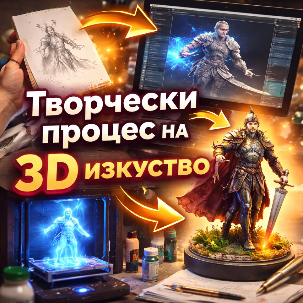 Творческият процес на 3D отпечатано изкуство - от ръчна скица и дигитално 3D моделиране до завършена 3D принтирана и ръчно боядисана фигура.