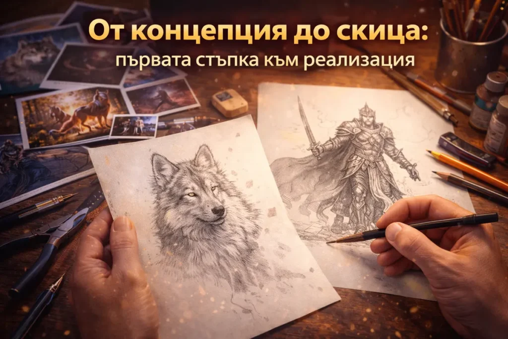 Ръце на артист, който скицира идея за 3D фигура – концепт арт на герой и вълк, заобиколен от референции и инструменти.