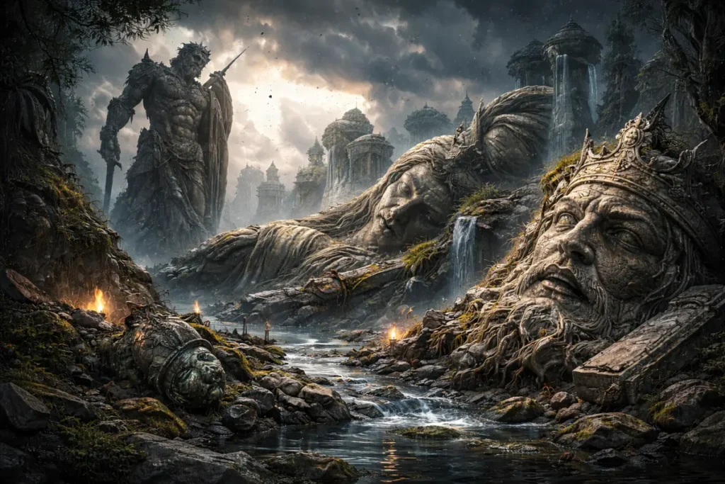 Паднали богове и титани в древни руини - художествена интерпретация