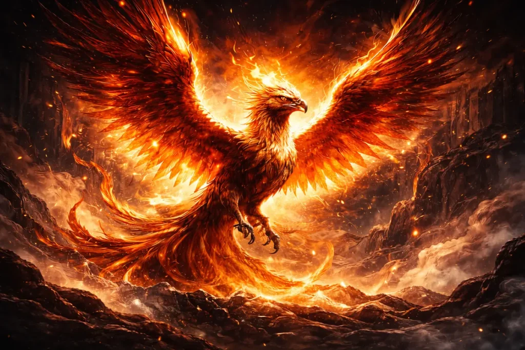 Феникс, издигащ се от пламъците – символ на възраждане и ново начало в митологията