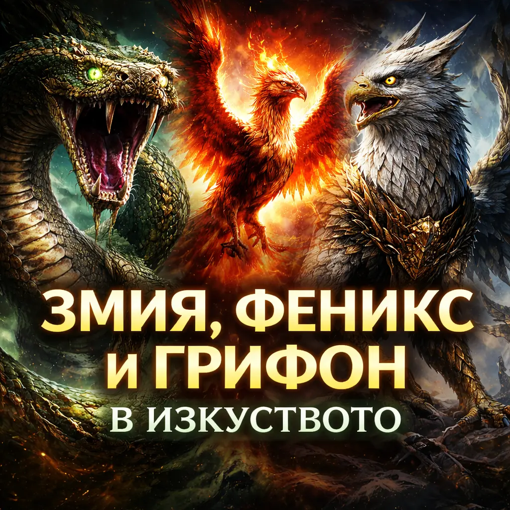 3D митични фигури - змия, феникс и грифон като символи в изкуството и митологията