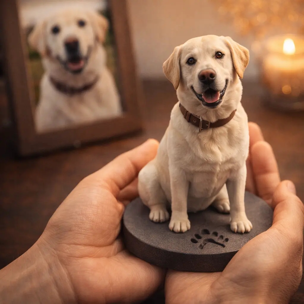 Персонализирана 3D фигура на лабрадор, държана в ръце, с отпечатък на лапа върху основата и снимка на кучето на заден план.