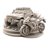 Небоядисани 3D модели от смола на джип и мотор - персонализирани превозни средства.