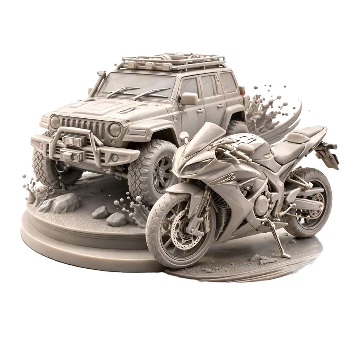 Небоядисани 3D модели от смола на джип и мотор - персонализирани превозни средства.