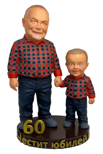 Персонализирана семейна 3D фигура по снимка на възрастен мъж и дете върху основа с надпис „60“ и поздрав.