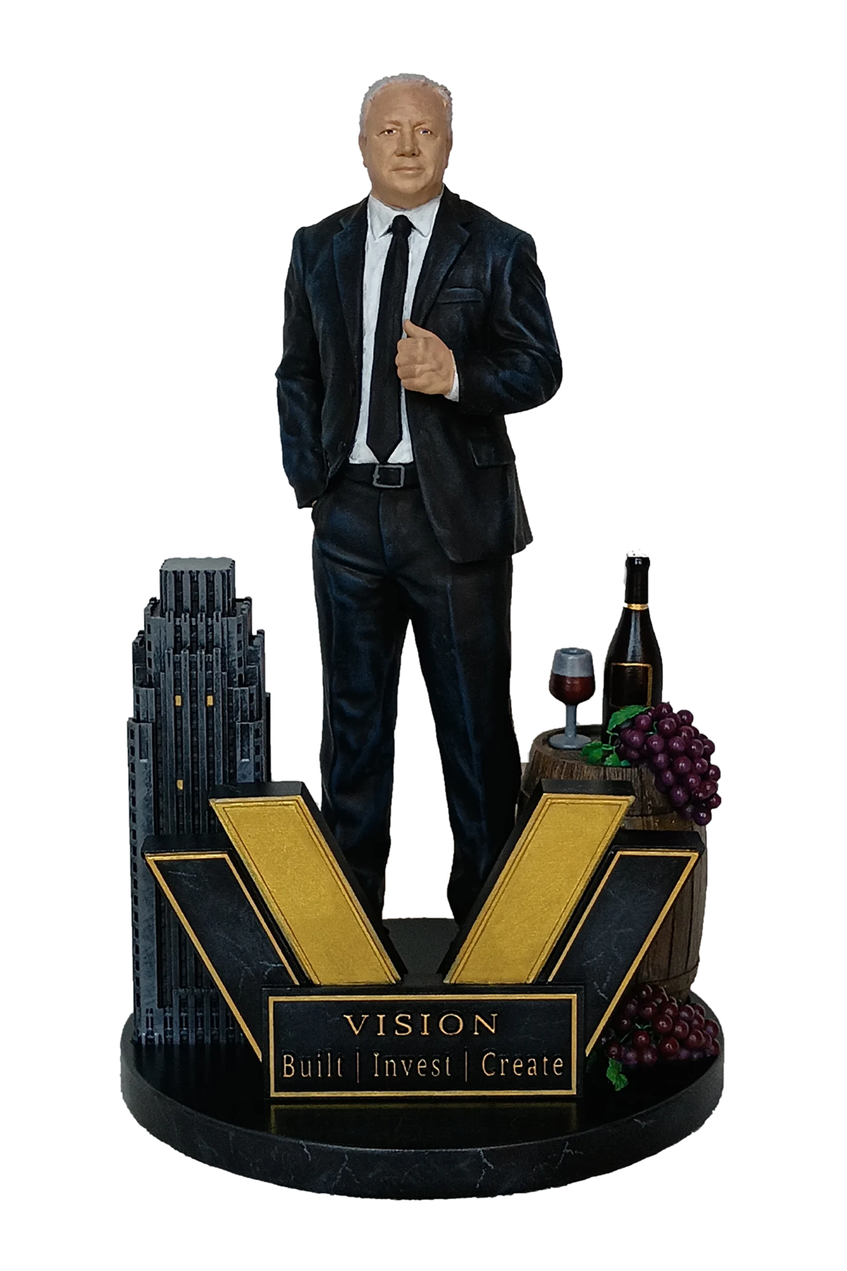 Персонализирана 3D фигура на бизнесмен в костюм по снимка с тематична основа, сграда, вино, грозде и надпис Vision – Build, Invest, Create.